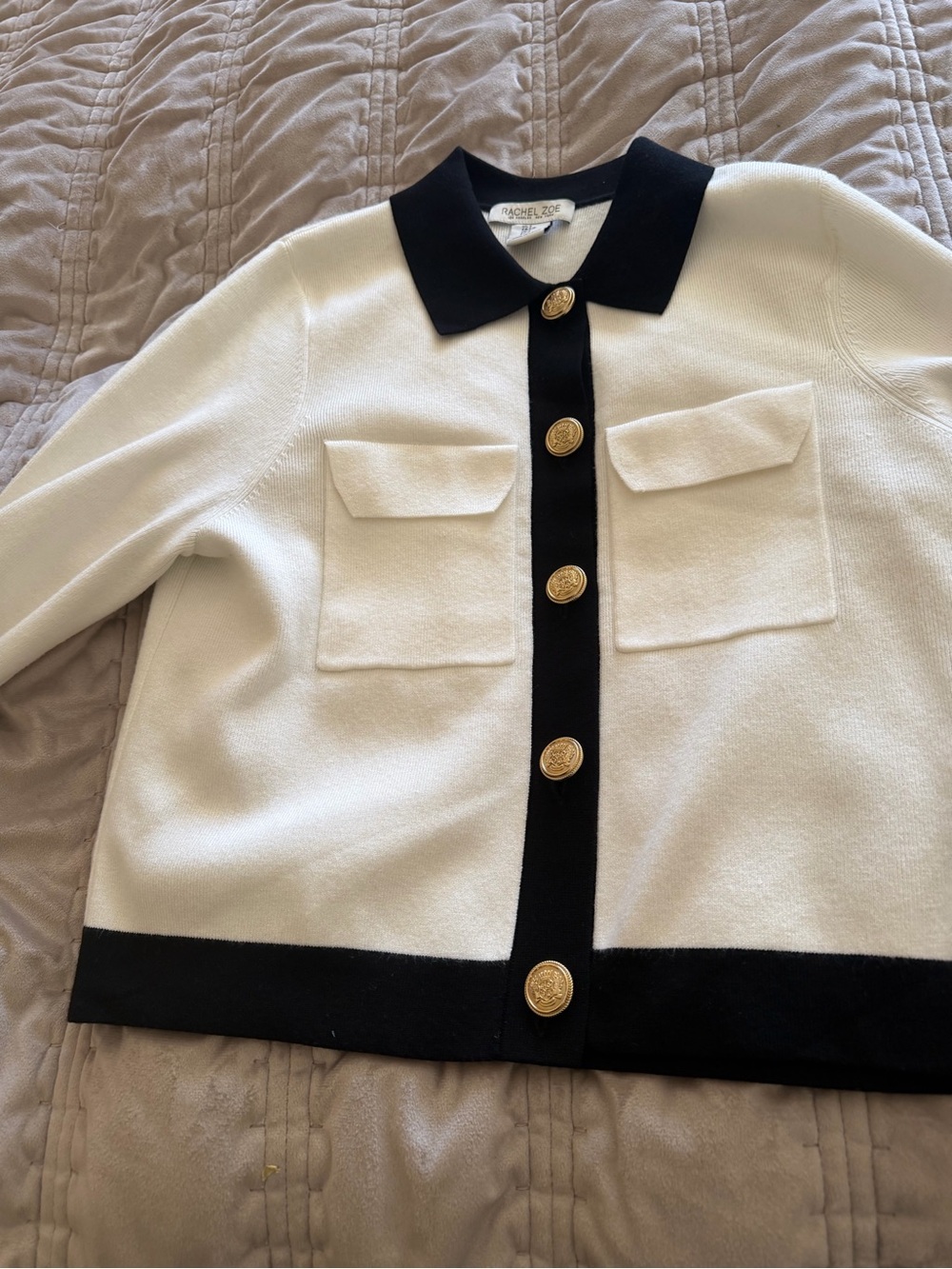Rachel Zoe Ivory Jacket with Black Trim and Gold Buttons, size S